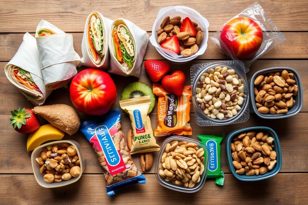 Variedade de lanches práticos para levar à cachoeira, incluindo sanduíches, frutas e barras de cereais