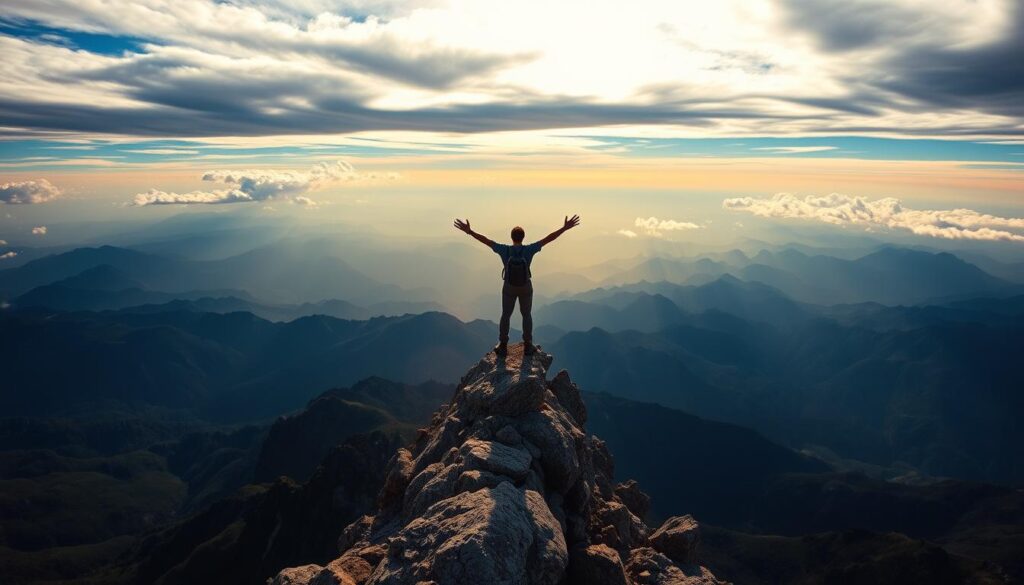 Vista panorâmica do topo de uma montanha com pessoa contemplando o horizonte