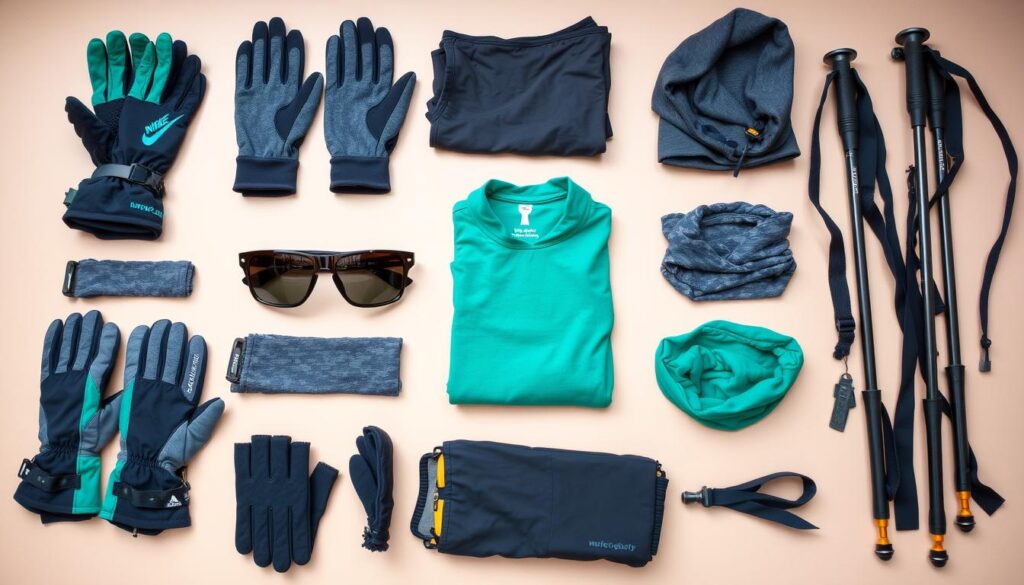 Acessórios complementares para trekking como luvas, polainas e óculos
