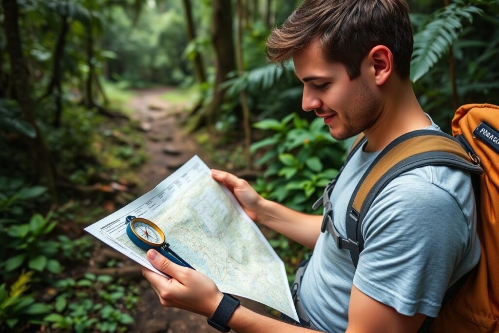 Caminhante usando técnicas de navegação em trilha de Paranapiacaba