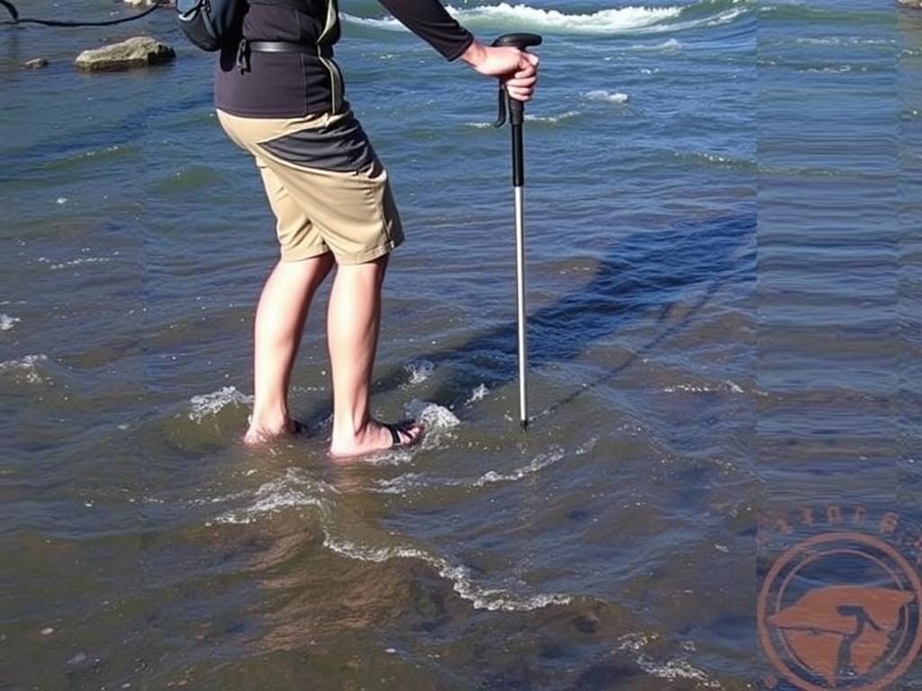 Demonstração da técnica de travessia individual com bastão em rio com correnteza