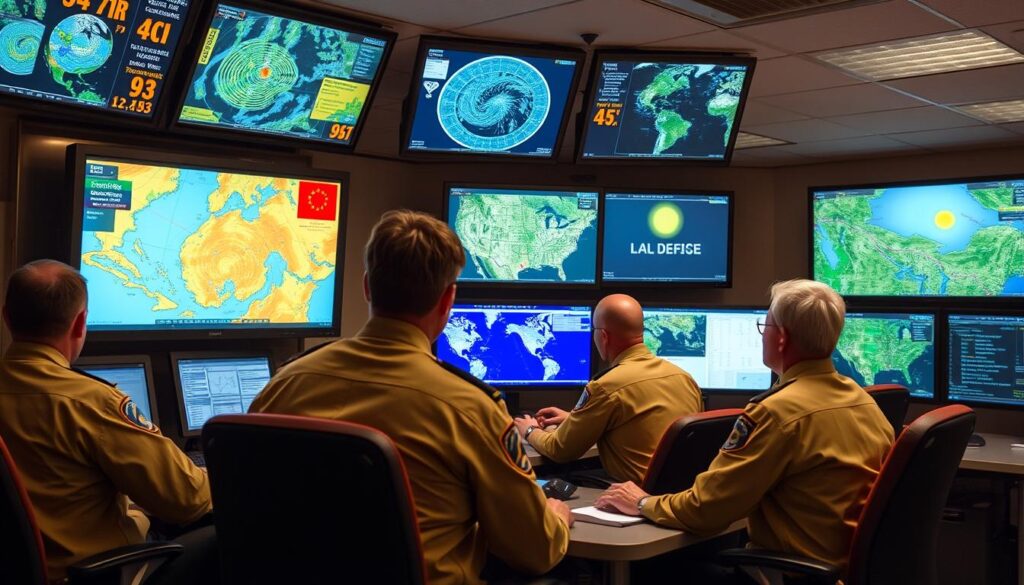 Equipe da Defesa Civil monitorando alertas meteorológicos durante uma operação de emergência