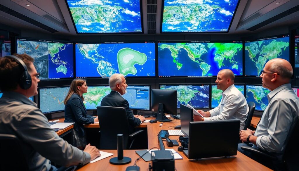 Equipe de meteorologistas trabalhando em um centro de previsão do tempo moderno