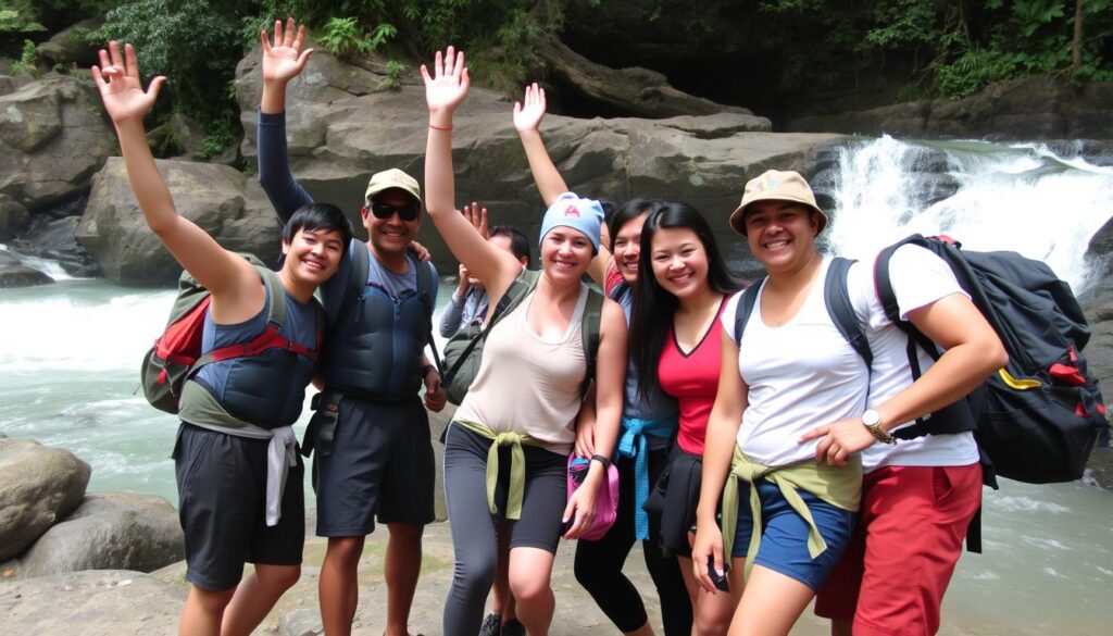 Grupo celebrando ao final de uma trilha em rio, demonstrando satisfação e conquista