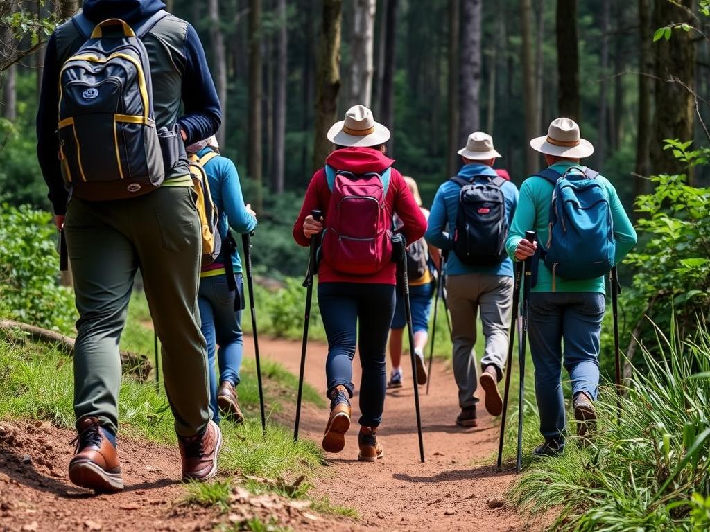 Grupo de caminhantes bem equipados em uma das trilhas em Curitiba