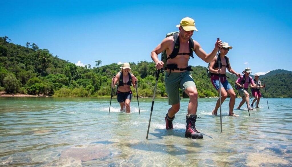 Grupo de pessoas praticando aquatrekking em um rio cristalino com técnicas adequadas