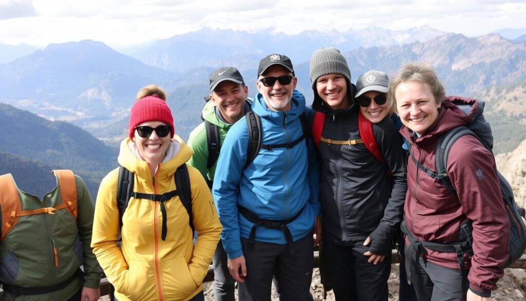 Grupo diverso de pessoas apreciando a vista após trekking com roupas adequadas