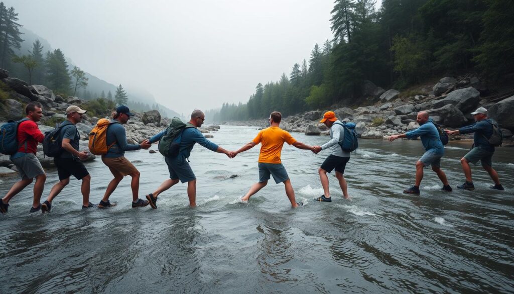 Grupo formando uma corrente humana para atravessar um rio com segurança