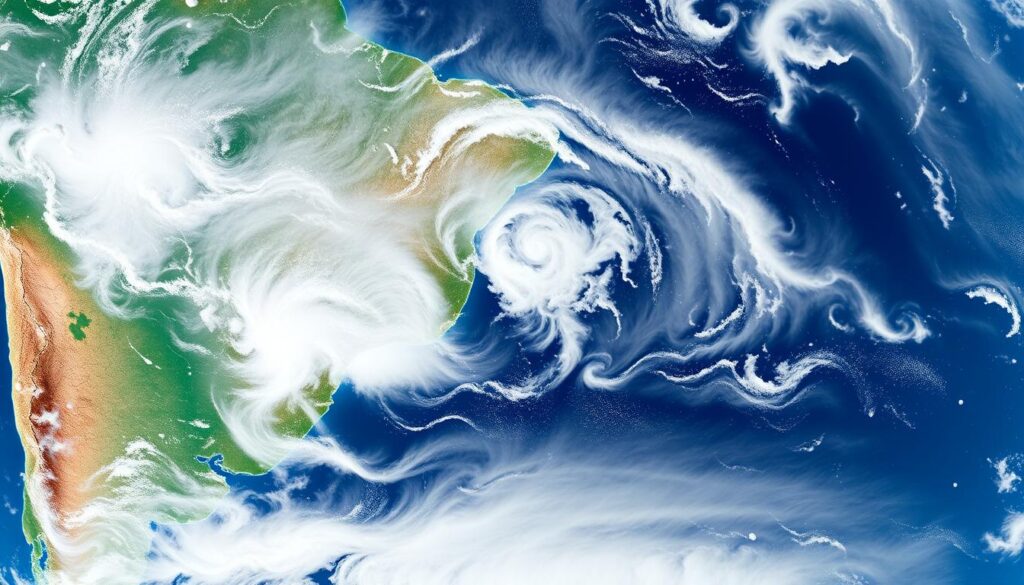 Imagem de satélite meteorológico mostrando sistemas de nuvens e formações climáticas sobre o Brasil