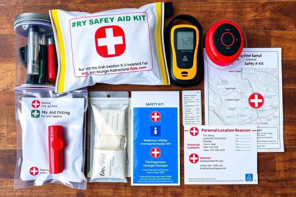 Kit de segurança para trilhas em rios incluindo apito, kit de primeiros socorros e mapa