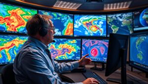 Meteorologista analisando mapas e dados para fazer a previsão do tempo