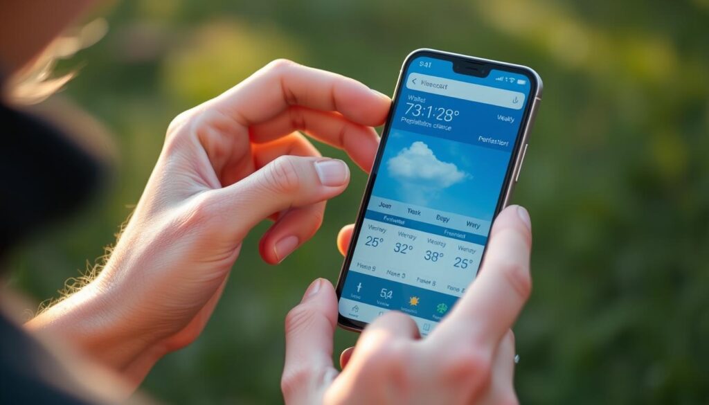 Pessoa consultando a previsão do tempo em um aplicativo móvel durante o planejamento de atividades diárias