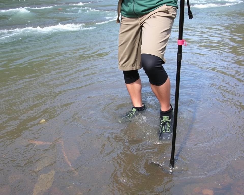 Pessoa demonstrando a técnica do passo testado usando bastão de caminhada em um rio