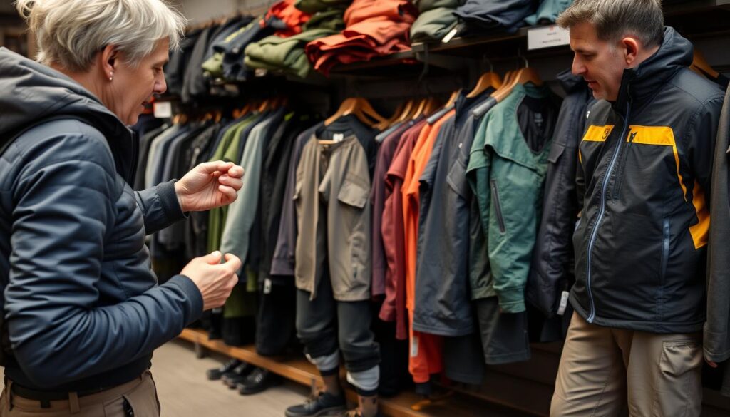 Pessoa escolhendo roupas técnicas para trekking em loja especializada