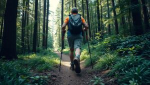 Pessoa percorrendo trilha em floresta densa usando técnicas adequadas