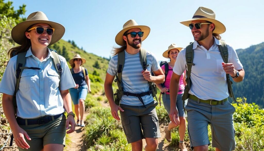 Pessoas fazendo trekking no verão com roupas leves e proteção solar