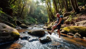 Praticante de aquatrekking atravessando riacho em trilha de Paranapiacaba