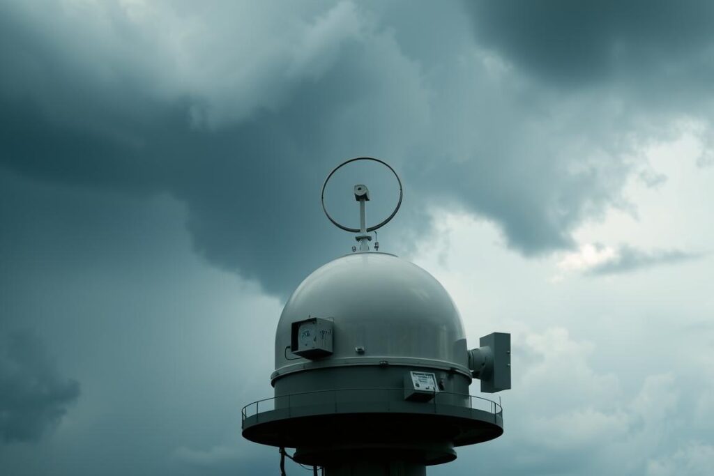 Radar meteorológico em operação durante uma tempestade, mostrando a detecção de precipitação