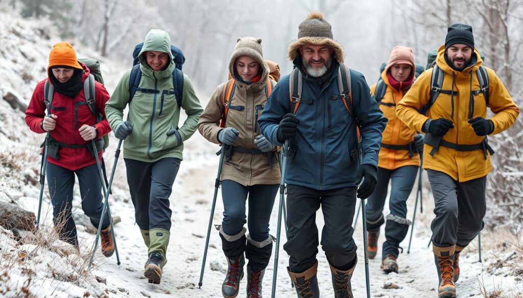 Trekking no inverno com roupas em camadas e proteção térmica