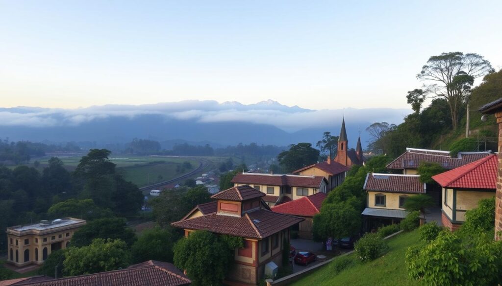 Vista panorâmica da Vila de Paranapiacaba com trilhas ao fundo