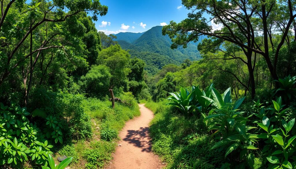 Vista panorâmica de uma trilha em SP com mata atlântica preservada