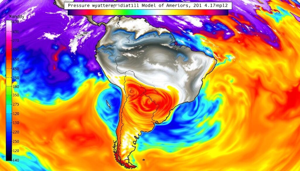 Visualização colorida de um modelo numérico de previsão do tempo mostrando sistemas meteorológicos