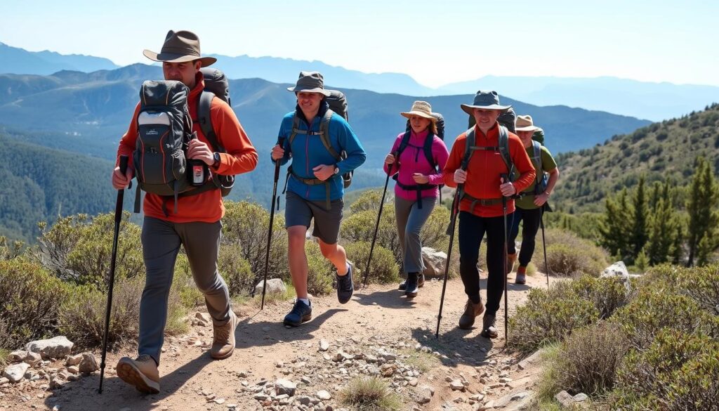 Caminhantes bem equipados percorrendo uma trilha em Monte Verde com bastões de caminhada e mochilas apropriadas