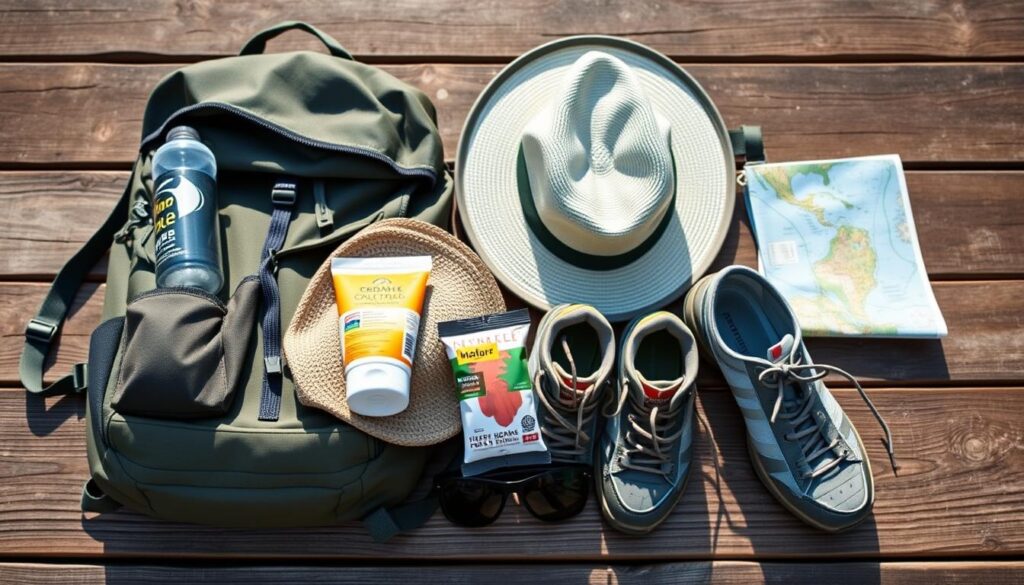 Equipamentos essenciais para trilhas em Bombinhas incluindo mochila, água e protetor solar