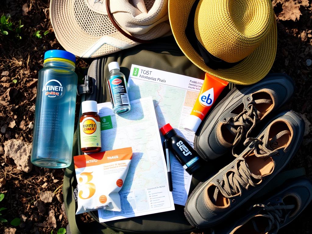 Equipamentos essenciais para trilhas em Ubatuba organizados sobre uma mochila