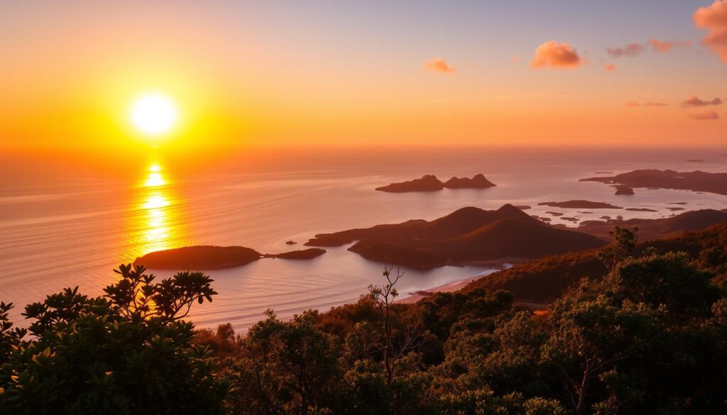 Pôr do sol visto de uma das trilhas em Bombinhas com vista panorâmica