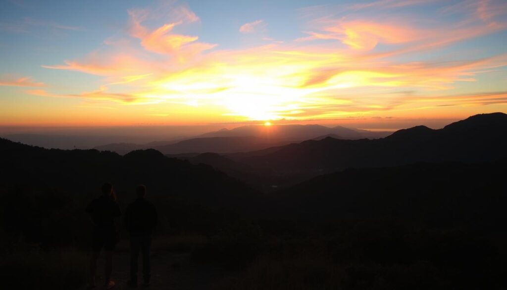Pôr do sol visto de uma trilha em Santa Catarina com pessoas contemplando a paisagem