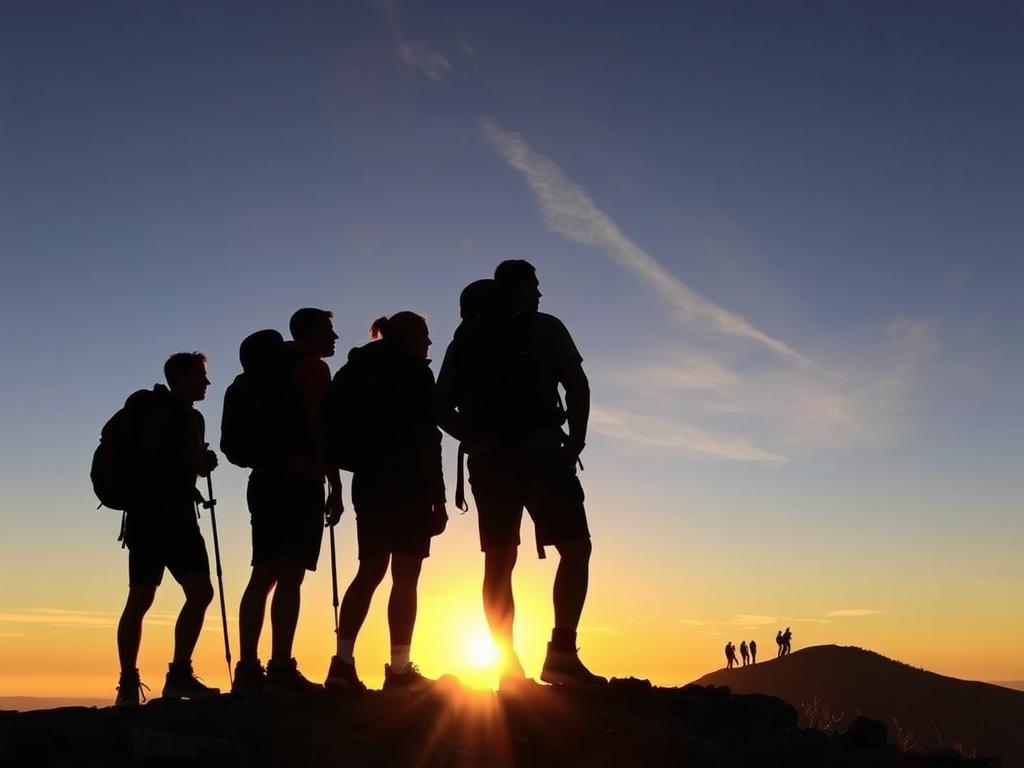 Trilheiros contemplando o pôr do sol no topo de uma montanha em Santa Catarina
