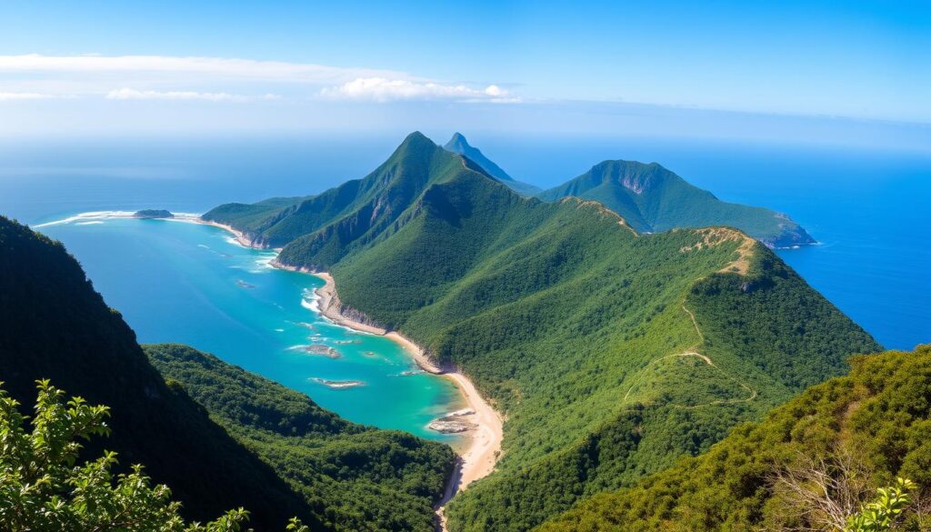 Vista panorâmica da costa de Ubatuba com trilhas em meio à Mata Atlântica