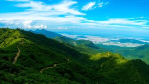 Vista panorâmica das montanhas ao redor de Belo Horizonte com trilhas visíveis