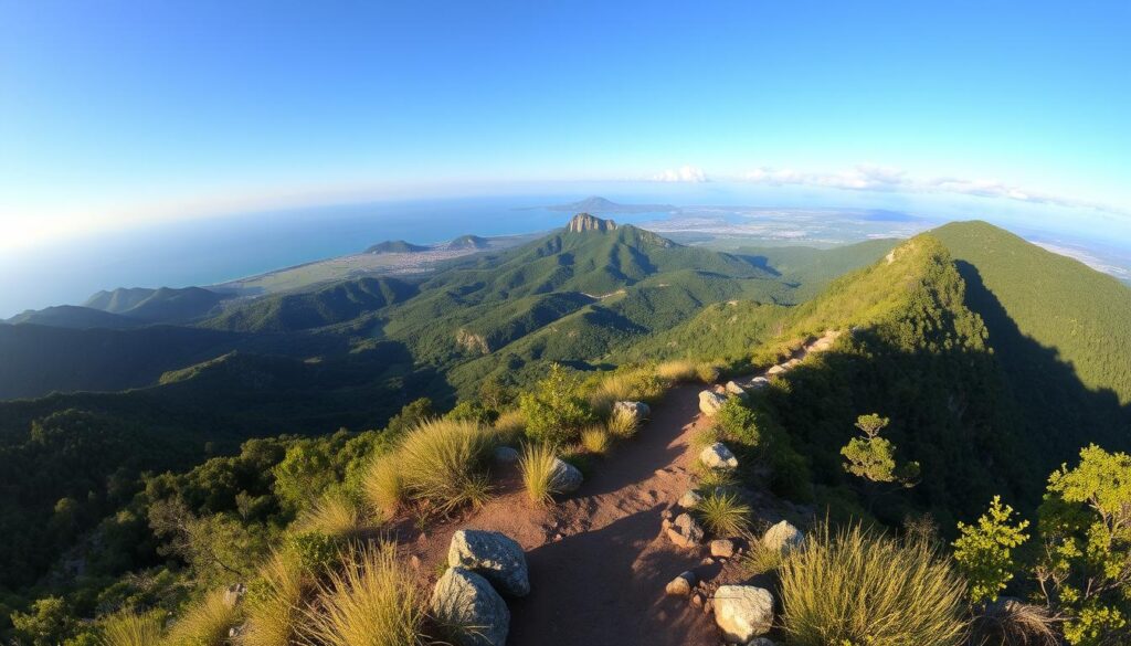 Vista panorâmica de trilhas em Santa Catarina mostrando montanhas, florestas e o litoral