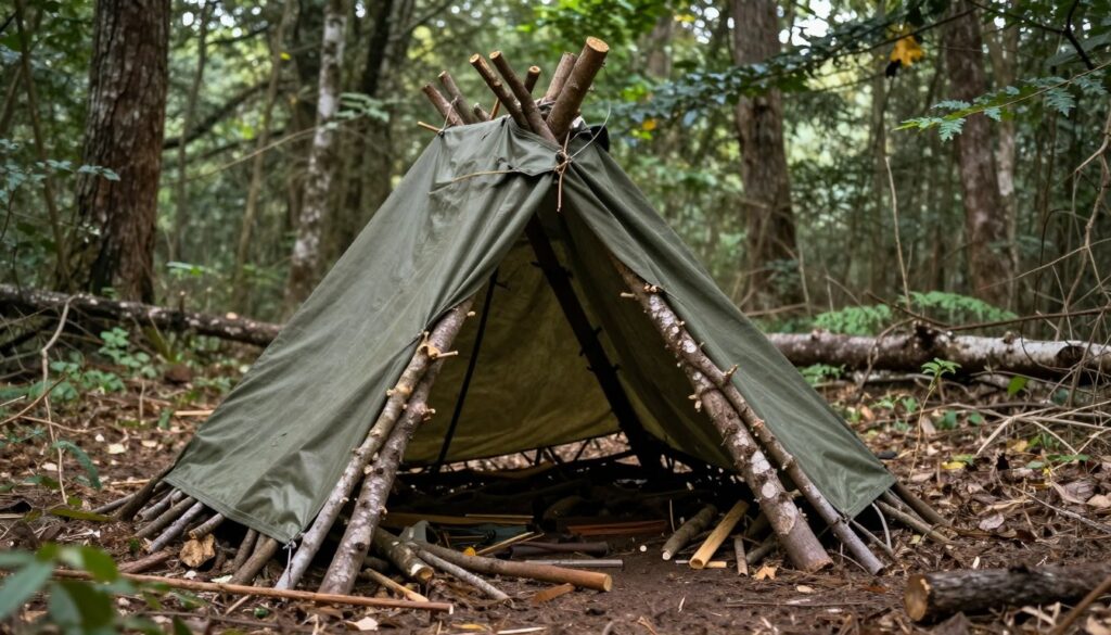 Abrigo improvisado construído com lona e materiais naturais em ambiente florestal
