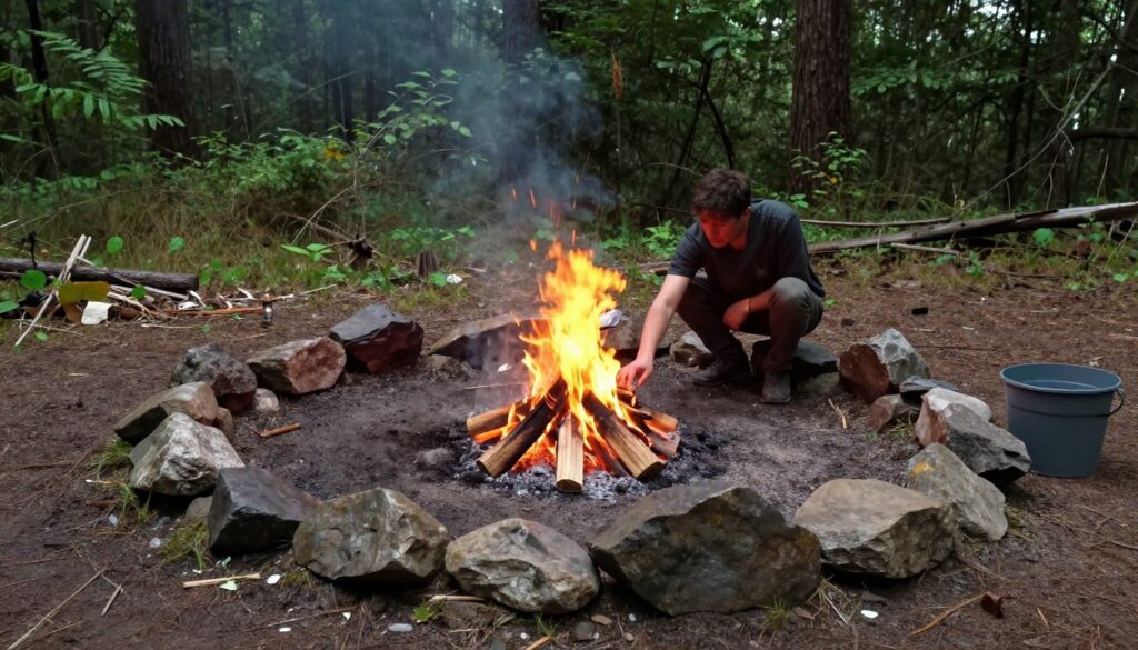 Área de fogueira preparada com círculo de pedras e área limpa ao redor