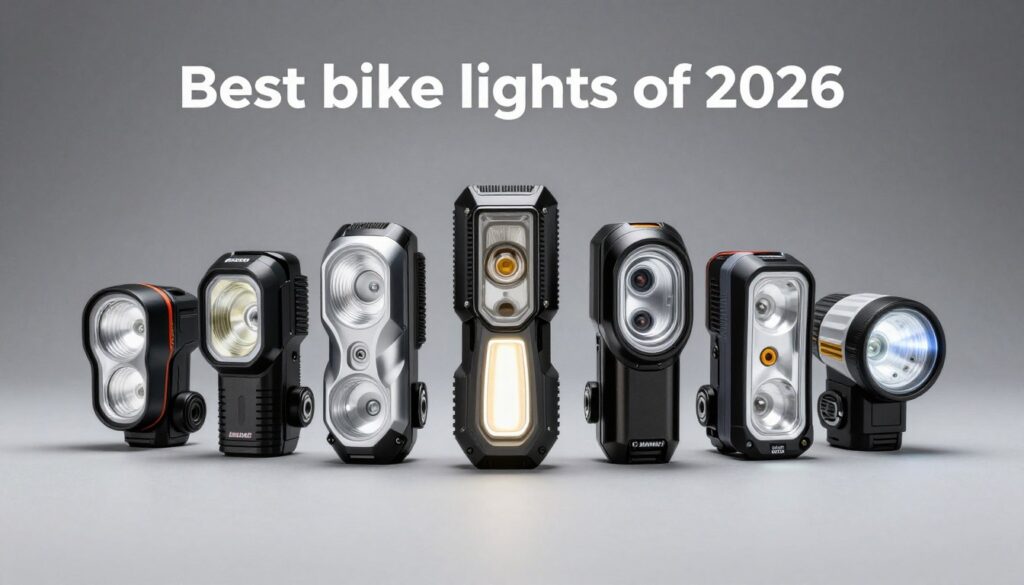 As 7 melhores lanternas para bike dispostas lado a lado mostrando diferentes modelos e potências de iluminação