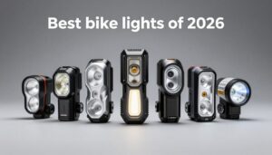 As 7 melhores lanternas para bike dispostas lado a lado mostrando diferentes modelos e potências de iluminação