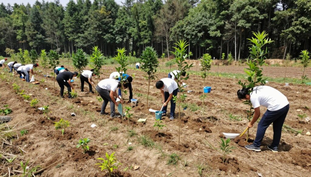 Atividades de reflorestamento em área degradada de uma grande floresta