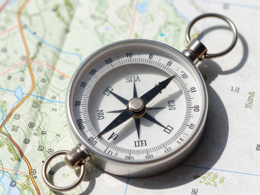 Bússola de placa base posicionada sobre um mapa topográfico