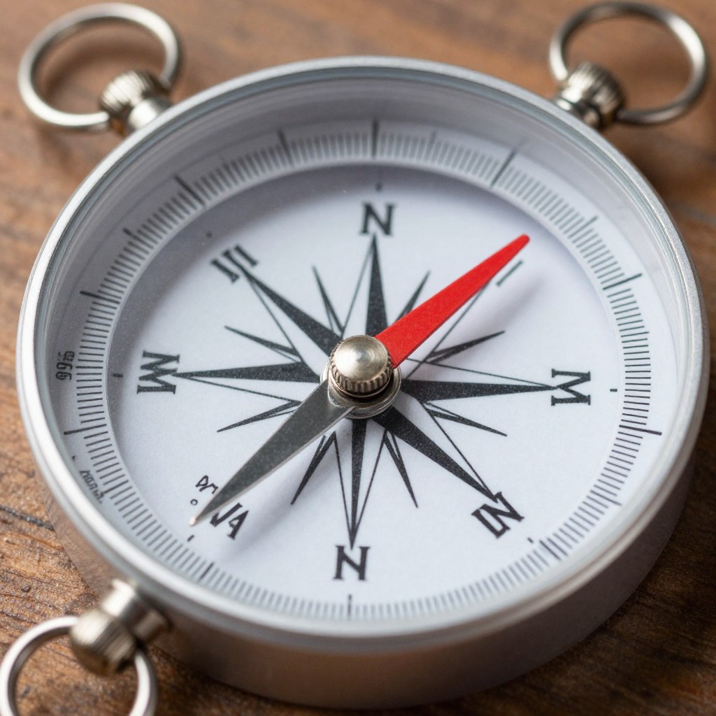 Bússola magnética tradicional com rosa dos ventos e agulha apontando para o norte