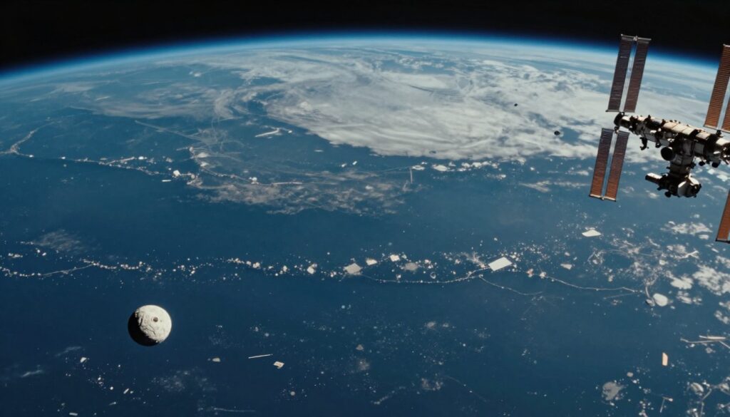 Cena de Gravidade mostrando a Terra vista do espaço com detritos orbitais