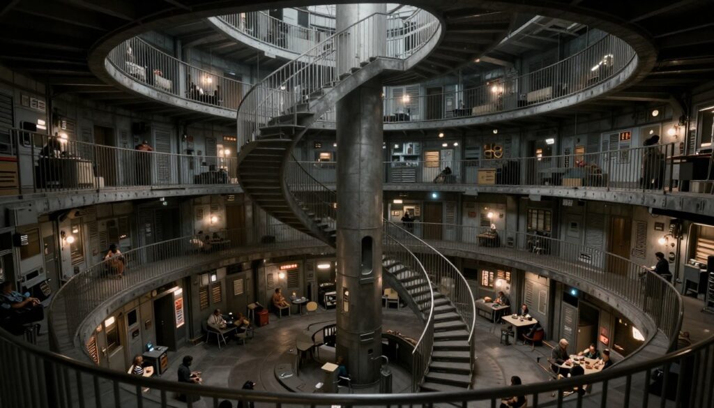 Cena de Silo mostrando o interior da gigantesca estrutura subterrĂąnea onde os Ășltimos humanos vivem