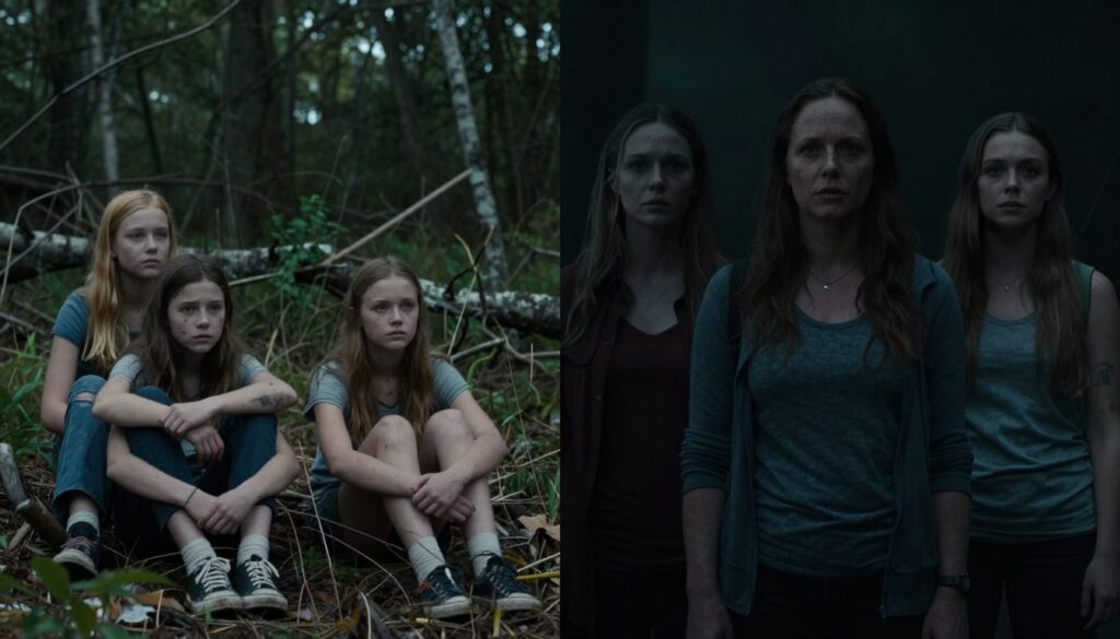 Cena dividida mostrando as personagens de Yellowjackets como adolescentes na floresta e como adultas 25 anos depois
