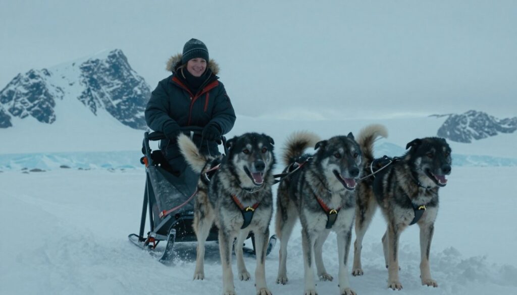 Cena do filme Resgate Abaixo de Zero mostrando cães de trenó na neve