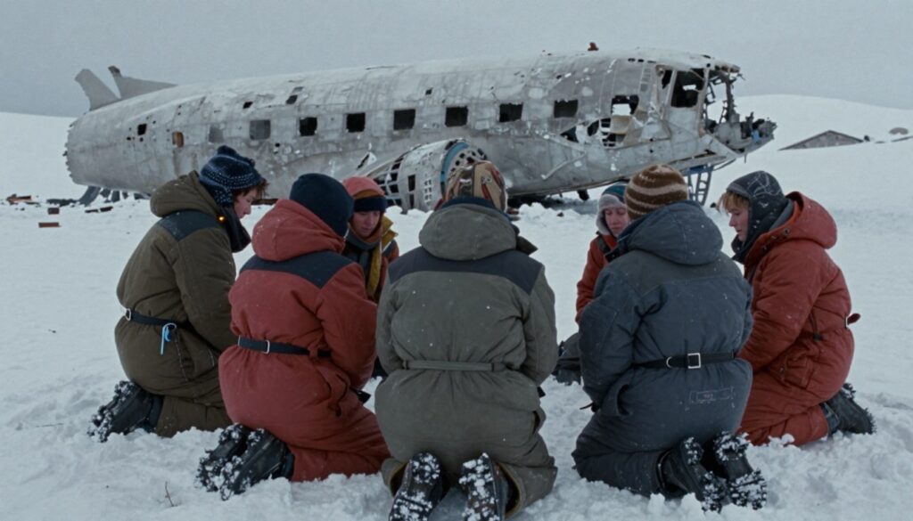 Cena do filme Vivos mostrando sobreviventes na neve após o acidente aéreo nos Andes