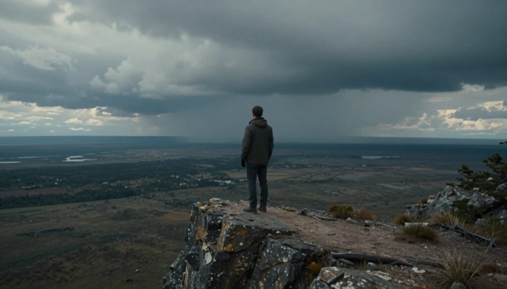 Cena dramática de um filme de sobrevivência mostrando personagem enfrentando a natureza selvagem