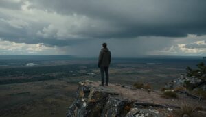 Cena dramática de um filme de sobrevivência mostrando personagem enfrentando a natureza selvagem
