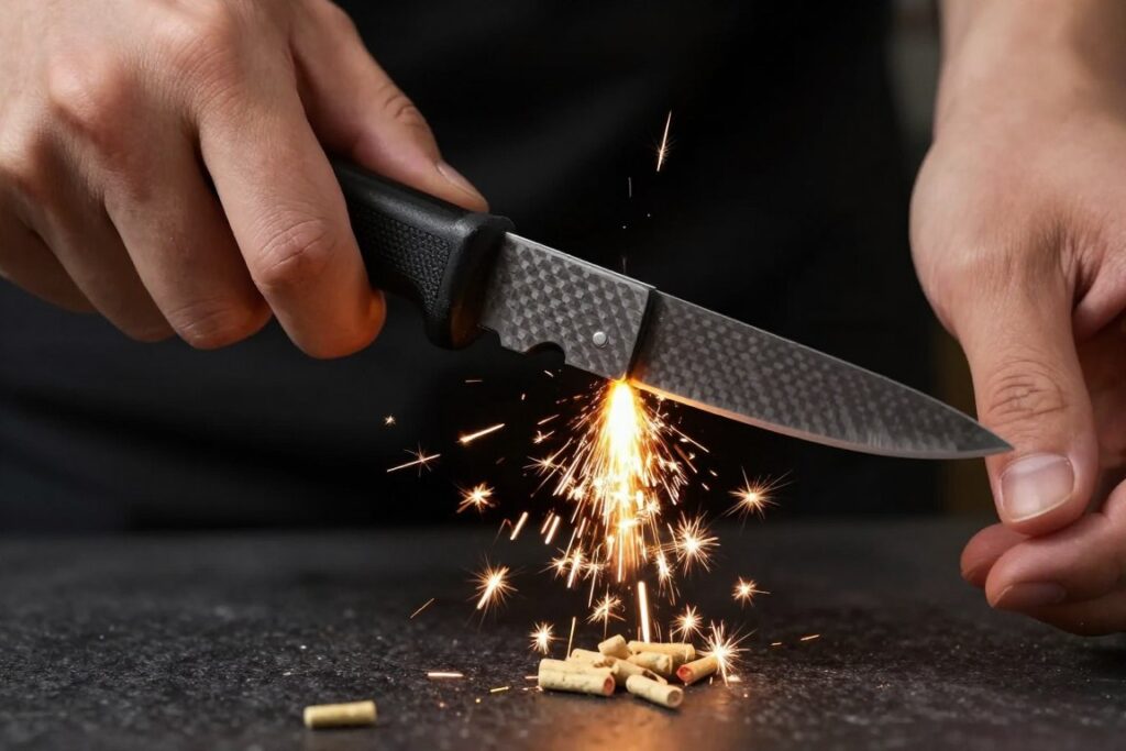 Close-up de mãos usando pederneira moderna (ferrocério) contra faca